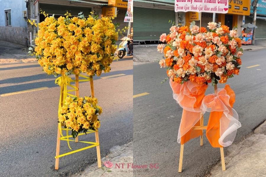 Kệ hoa khai trương tone v&agrave;ng