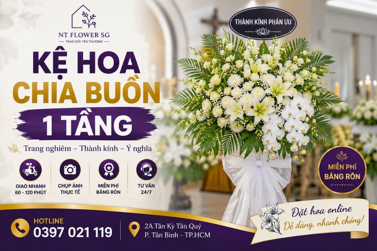 Kệ Hoa Chia Buồn 1 Tầng - Mẫu Đẹp, Trang Nghiêm, Giao Nhanh 60-120 Phút