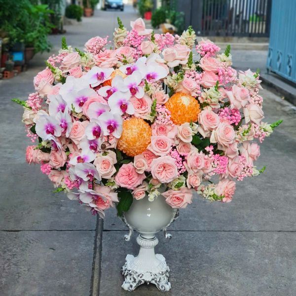 Bình Hoa Hồng Pastel Phối Lan Hồ Điệp Cao Cấp