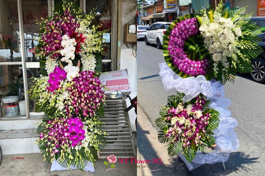 Kệ hoa chia buồn m&agrave;u t&iacute;m trắng