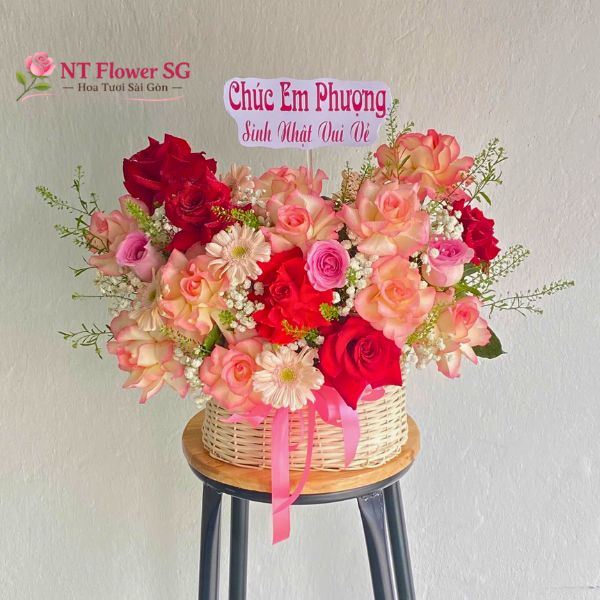 Giỏ Hoa Hồng Song Hỷ Tone Hồng Đỏ